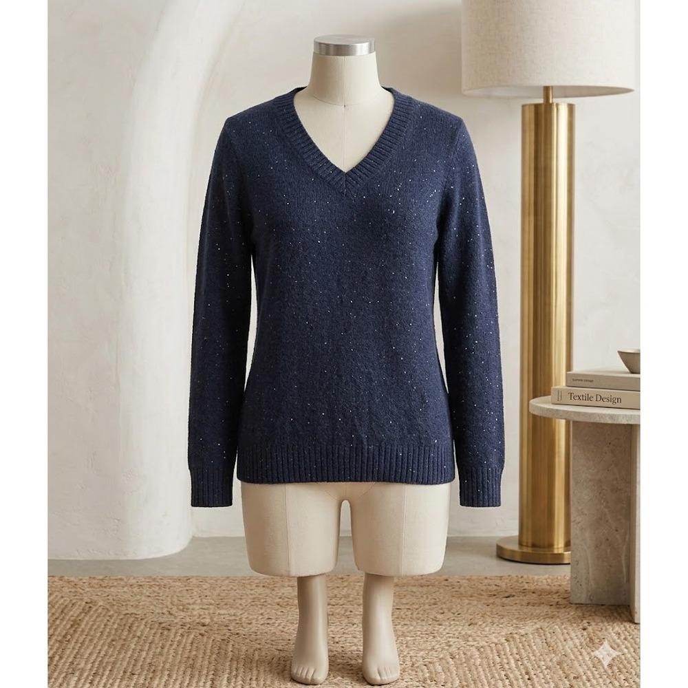 Denim & Co Navy Blue Sequin Metallic V-Neck Sweater Womens Large Shimmer Knit‎